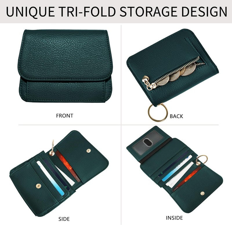 Sunpour Women Small Wallet RFID Blocking Slim Wallet with Coin Pocket Tri-Fold Credit Card Holder with ID Window and Keychain (Dark Green) - Image 4